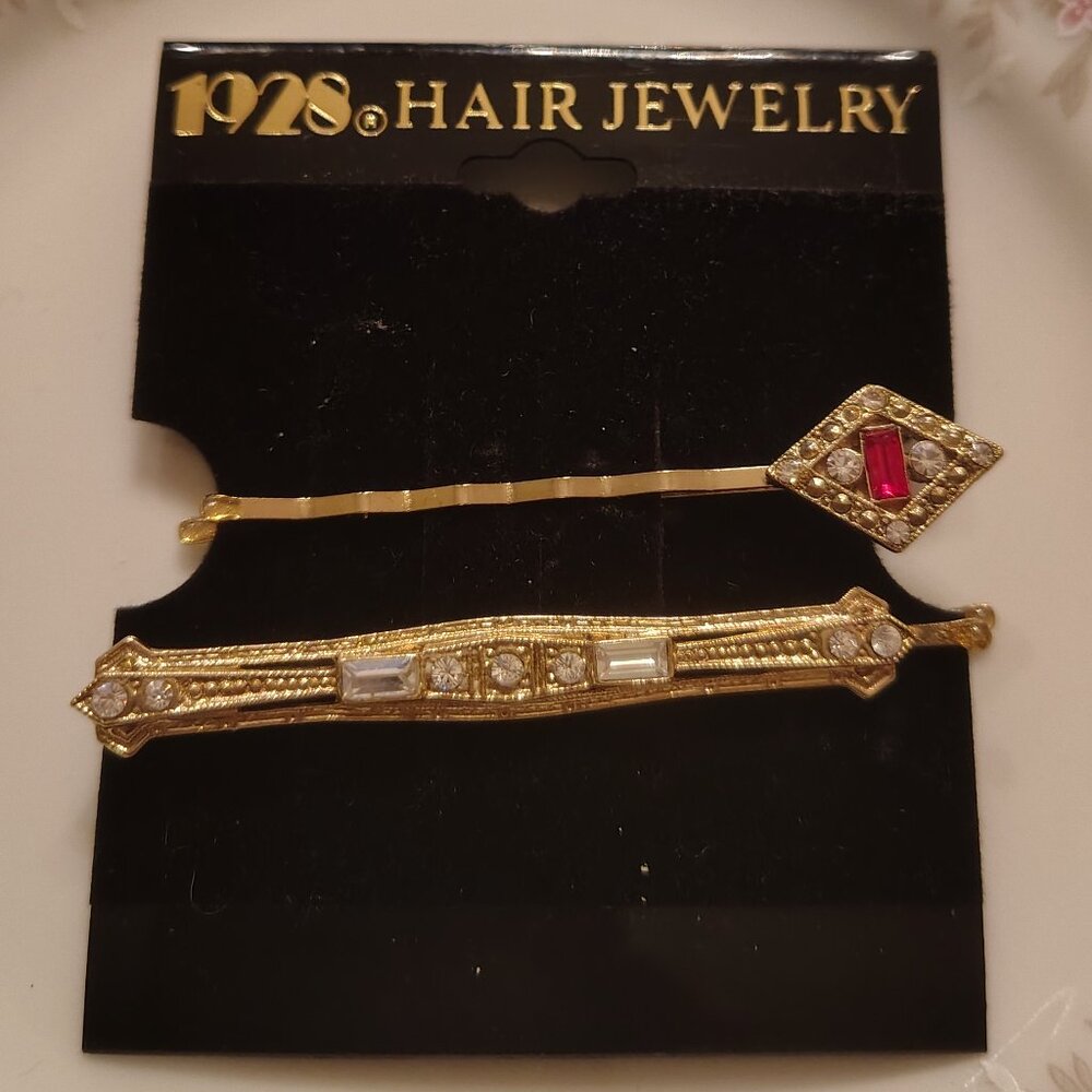 Vtg 1928 Hair Jewelry Gold Tone Red and Clear Rhinestone Hairpin Set